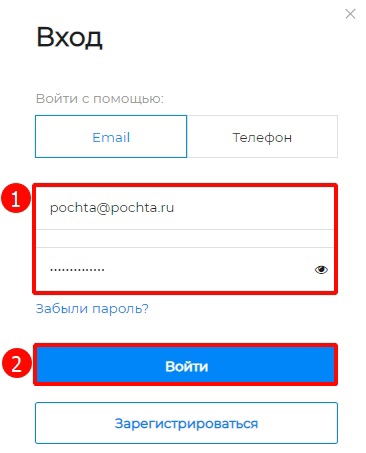 ввести адрес электронной почты и пароль в соответствующие поля