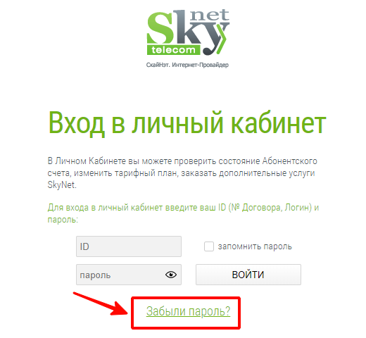 Действия для восстановления пароля