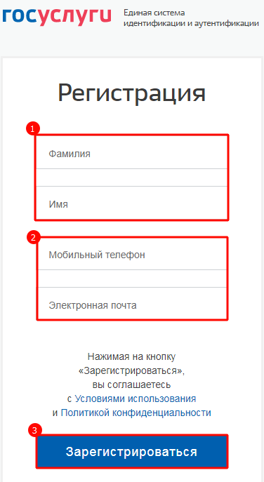 Форма регистрации на сайте Госуслуги