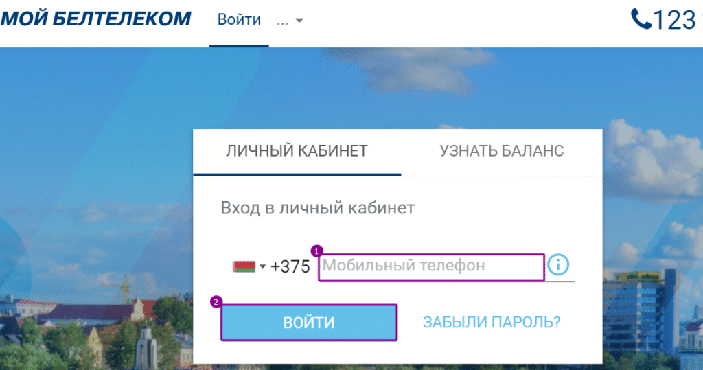 Вход в личный кабинет с помощью мобильного телефона
